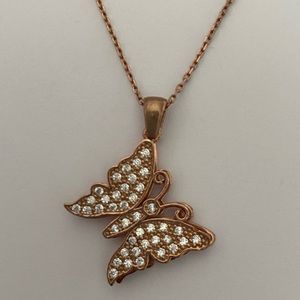 925 Silver butterfly necklace clear cz 14k rose gold plated